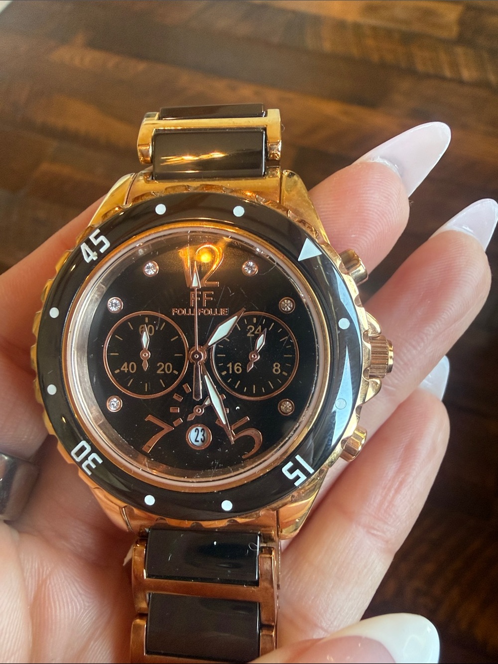 Folli Follie Women’s Black and Gold Chronograph Bracelet Watch